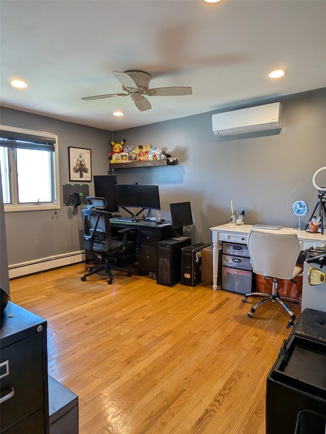 3403 Bay Front Dr, Baldwin, NY 11510 - home office with an AC wall unit, baseboard heating, light wood finished floors, ceiling fan, and recessed lighting