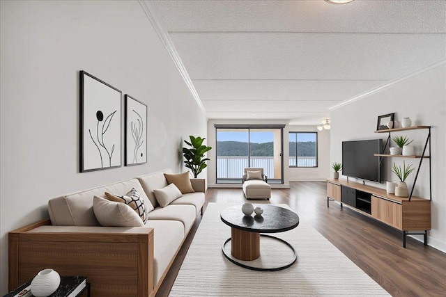 1155 Warburton Ave Unit 12U, Yonkers, NY 10701 - living area with ornamental molding, dark wood-type flooring, a textured ceiling, and baseboards