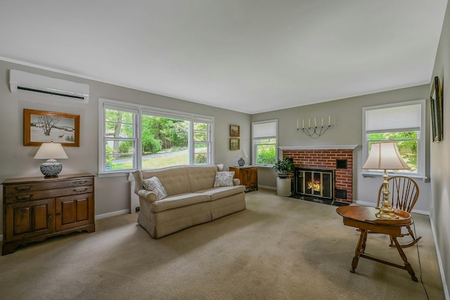 39 Dartmouth Rd, Shoreham, NY 11786 - carpeted living area with a wall mounted air conditioner, baseboards, and a fireplace