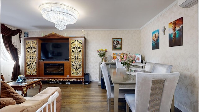2955 Ocean Pkwy Unit 2F, Brooklyn, NY 11235 - dining area featuring wallpapered walls, wood finished floors, a chandelier, an AC wall unit, and ornamental molding