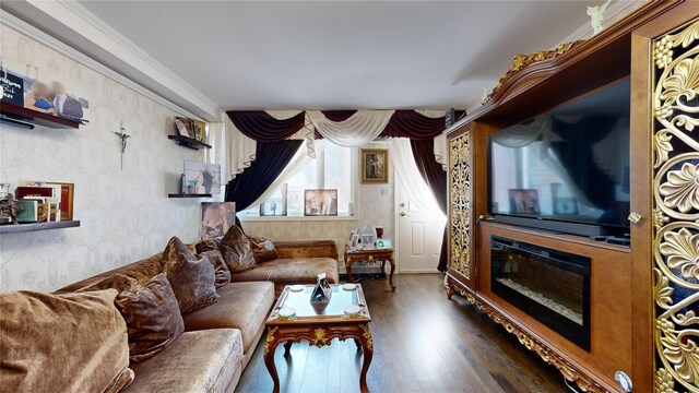 2955 Ocean Pkwy Unit 2F, Brooklyn, NY 11235 - living room with wallpapered walls, dark wood-type flooring, and ornamental molding
