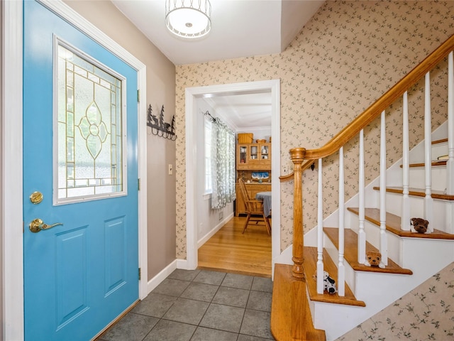 1760 Rte 199, Stanfordville, NY 12581 - foyer with tile patterned flooring, stairs, baseboards, and wallpapered walls