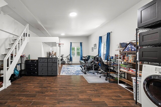 5922 Post Rd, Bronx, NY 10471 - office with washer / dryer, wood finished floors, recessed lighting, and a baseboard radiator