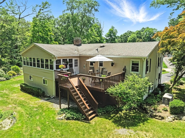 69 Clove Brook Dr, Cold Spring, NY 10516 - back of house with a chimney, a deck, a yard, stairway, and a shingled roof