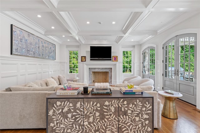 22 Terrace Ct, Old Westbury, NY 11568 - living room featuring a decorative wall, coffered ceiling, beam ceiling, wood finished floors, and recessed lighting