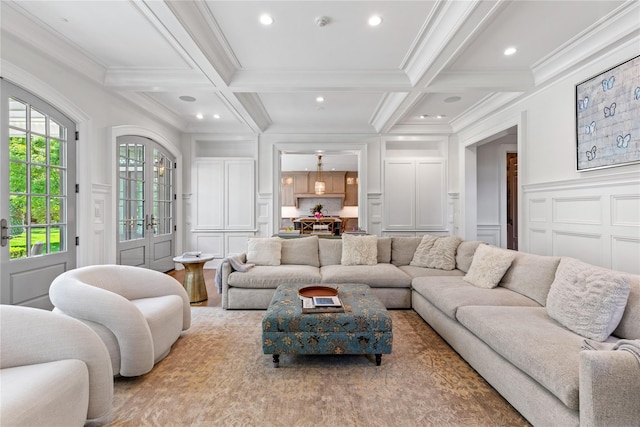 22 Terrace Ct, Old Westbury, NY 11568 - living room with crown molding, coffered ceiling, and a decorative wall