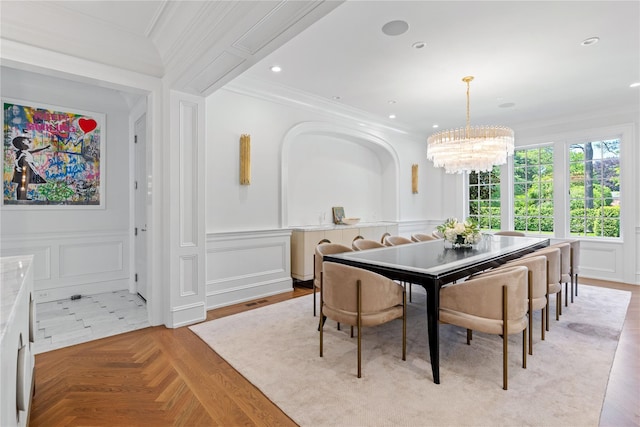 22 Terrace Ct, Old Westbury, NY 11568 - dining room with crown molding, a chandelier, a decorative wall, recessed lighting, and wainscoting