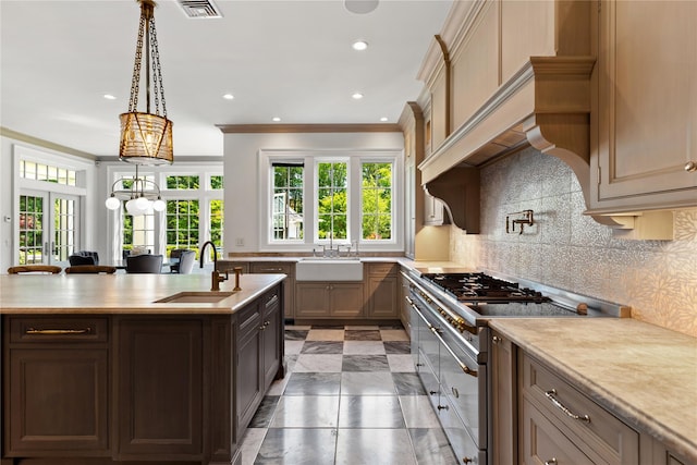 22 Terrace Ct, Old Westbury, NY 11568 - kitchen with high end range, ornamental molding, light countertops, decorative backsplash, and recessed lighting