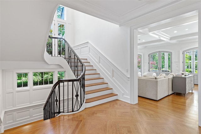 22 Terrace Ct, Old Westbury, NY 11568 - stairway with a decorative wall, ornamental molding, recessed lighting, beamed ceiling, and coffered ceiling