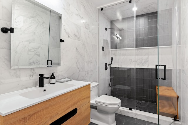 22 Terrace Ct, Old Westbury, NY 11568 - bathroom with tile walls, vanity, a shower stall, and tile patterned flooring