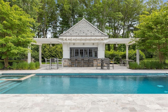 22 Terrace Ct, Old Westbury, NY 11568 - view of pool with a pergola, a storage structure, an outdoor structure, a patio, and a pool with connected hot tub