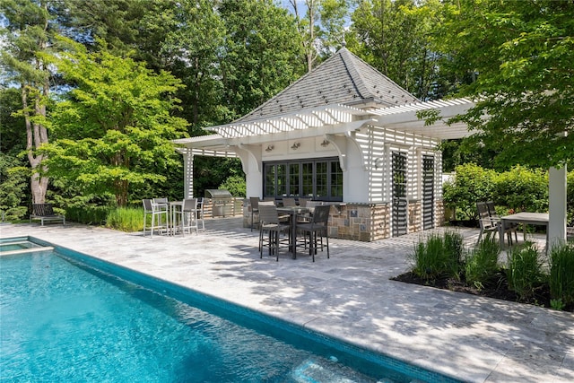 22 Terrace Ct, Old Westbury, NY 11568 - view of pool with outdoor dining area, a pergola, an outdoor kitchen, and a patio area