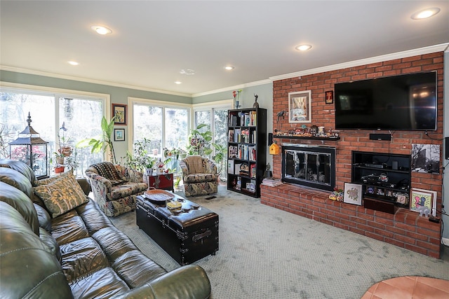 12 Rustic Gate Ln, Dix Hills, NY 11746 - living area featuring plenty of natural light, carpet, a brick fireplace, recessed lighting, and ornamental molding