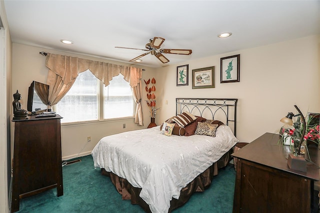 12 Rustic Gate Ln, Dix Hills, NY 11746 - bedroom featuring dark carpet, recessed lighting, a ceiling fan, and baseboards