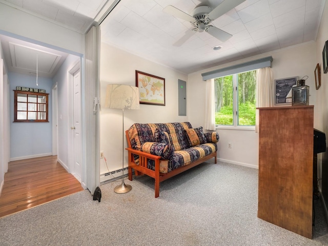 141 Mountain Laurel Ln, Glen Spey, NY 12737 - living room with attic access, electric panel, carpet flooring, ceiling fan, and baseboards