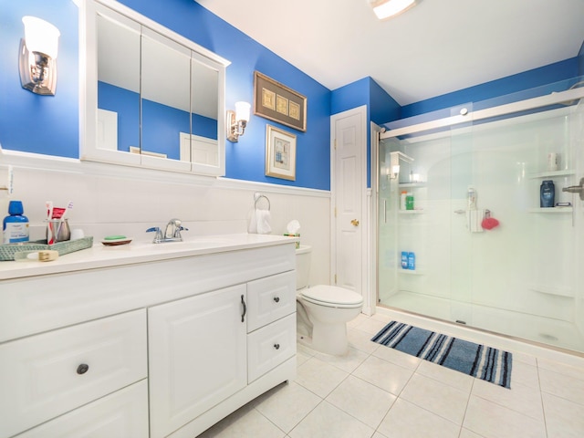 141 Mountain Laurel Ln, Glen Spey, NY 12737 - bathroom with a stall shower, vanity, toilet, tile patterned flooring, and a wainscoted wall