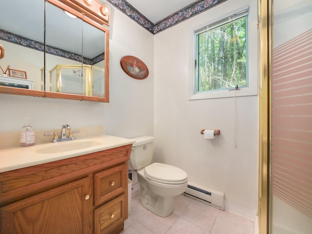 141 Mountain Laurel Ln, Glen Spey, NY 12737 - full bathroom featuring baseboard heating, tile patterned flooring, vanity, toilet, and a shower with door