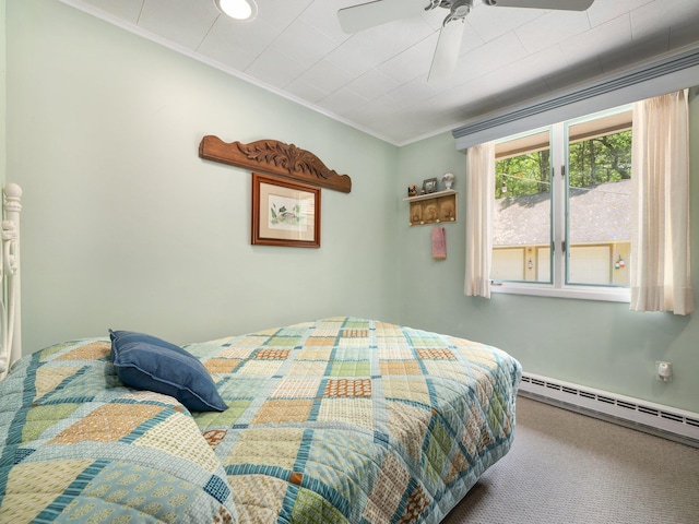 141 Mountain Laurel Ln, Glen Spey, NY 12737 - bedroom with ornamental molding, a baseboard radiator, ceiling fan, and carpet floors