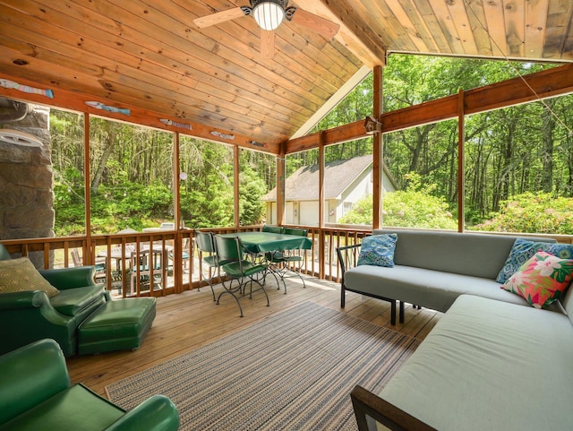 141 Mountain Laurel Ln, Glen Spey, NY 12737 - sunroom with an outdoor living space, ceiling fan, vaulted ceiling, and outdoor dining area