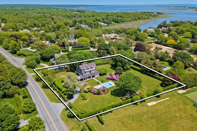 107 Quogue St, Quogue, NY 11959 - aerial view of property's location with a nearby body of water and property parcel outlined