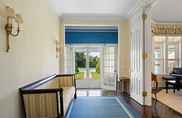 107 Quogue St, Quogue, NY 11959 - doorway with plenty of natural light, ornamental molding, wood finished floors, and french doors