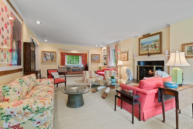 24 Wellington Rd, Locust Valley, NY 11560 - living room with crown molding, a warm lit fireplace, recessed lighting, and carpet flooring