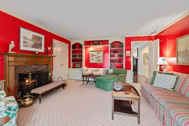 24 Wellington Rd, Locust Valley, NY 11560 - living room with crown molding, built in features, carpet flooring, and a brick fireplace