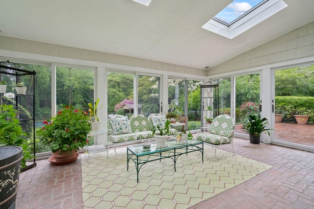 24 Wellington Rd, Locust Valley, NY 11560 - sunroom / solarium with a skylight, vaulted ceiling, brick floors, and healthy amount of natural light