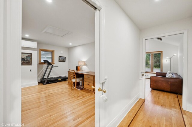 2650 Wickham Ave, Mattituck, NY 11952 - hallway with light wood finished floors, attic access, recessed lighting, and baseboards