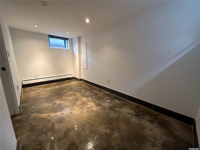 9-01 127th St, College Point, NY 11356 - spare room with unfinished concrete flooring, a baseboard radiator, recessed lighting, and baseboards