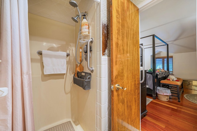 114 Oakwood Dr, Wading River, NY 11792 - full bath with a stall shower and wood finished floors