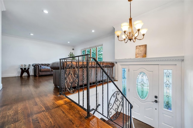15 Fairway Dr, Old Bethpage, NY 11804 - entrance foyer featuring a chandelier, crown molding, wood finished floors, and recessed lighting