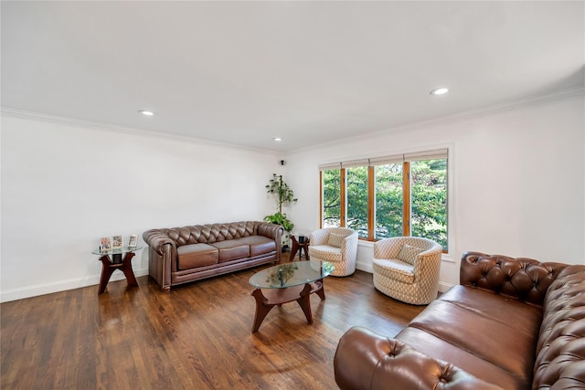 15 Fairway Dr, Old Bethpage, NY 11804 - living room featuring dark wood-style flooring, ornamental molding, and recessed lighting