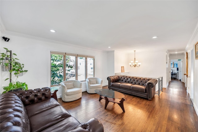 15 Fairway Dr, Old Bethpage, NY 11804 - living area with a chandelier, ornamental molding, wood finished floors, and recessed lighting