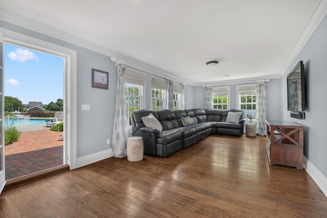161 Wampum Ln, West Islip, NY 11795 - living area with crown molding, dark wood-style flooring, and baseboards