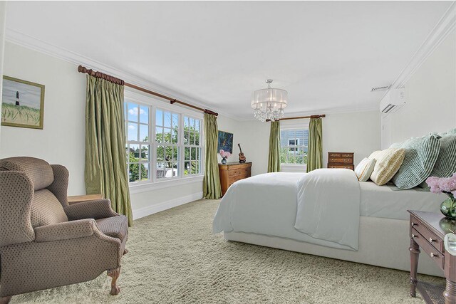 161 Wampum Ln, West Islip, NY 11795 - bedroom featuring crown molding, multiple windows, a chandelier, carpet floors, and baseboards
