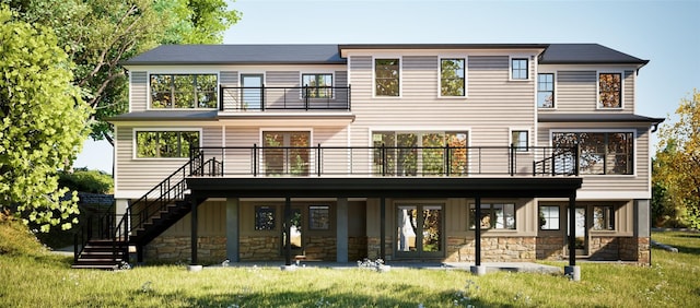 32 Sycamore Rd, Scarsdale, NY 10583 - back of house with a balcony, stairs, a yard, and stone siding