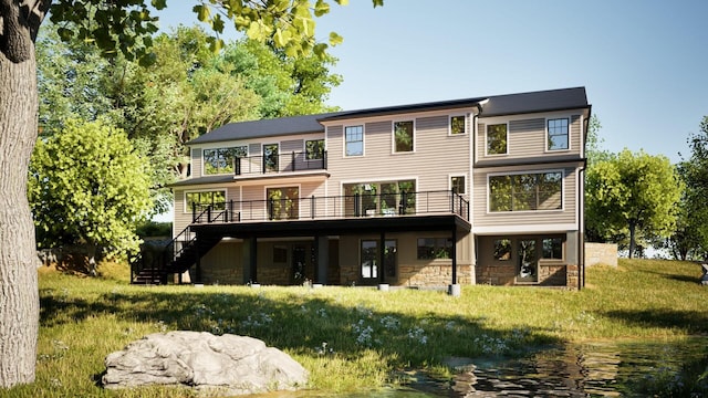 32 Sycamore Rd, Scarsdale, NY 10583 - back of property featuring a balcony, stairs, stone siding, and a wooden deck