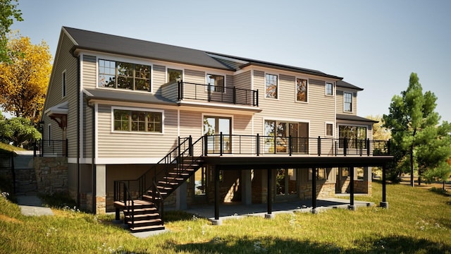 32 Sycamore Rd, Scarsdale, NY 10583 - back of house featuring a balcony, stone siding, stairs, a deck, and a patio