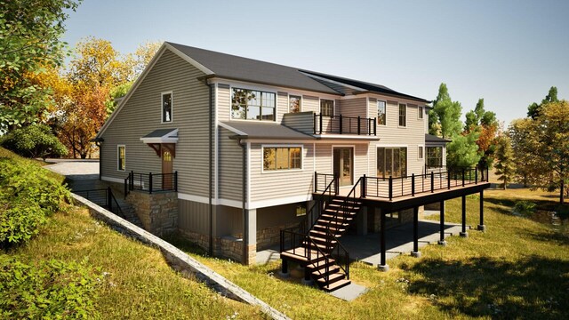 32 Sycamore Rd, Scarsdale, NY 10583 - rear view of house with stairs, a balcony, and a wooden deck