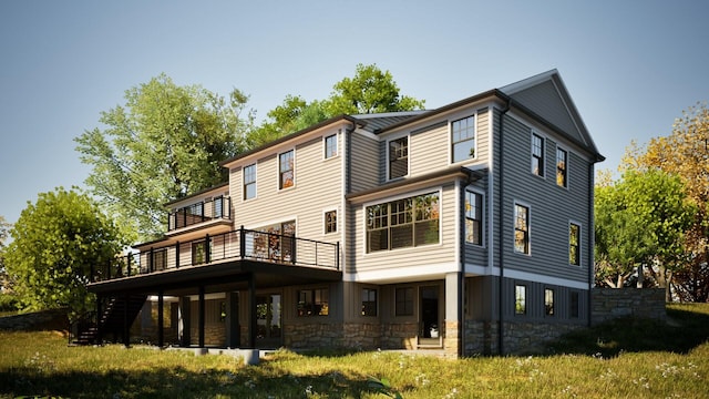 32 Sycamore Rd, Scarsdale, NY 10583 - back of property with stairway, a deck, and stone siding