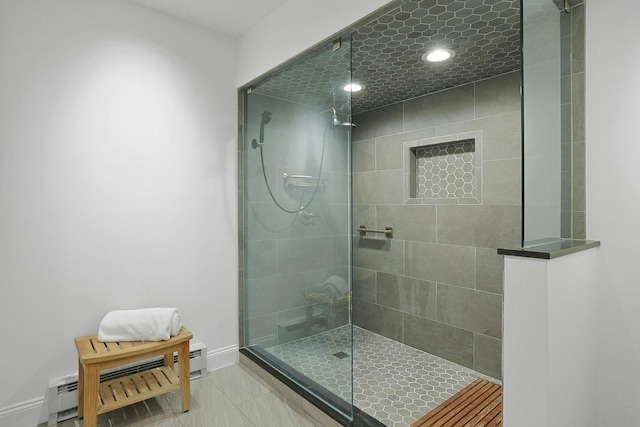 963 Heritage Hls Unit C, Somers, NY 10589 - bathroom featuring a baseboard heating unit, walk in shower, recessed lighting, baseboards, and tile patterned floors