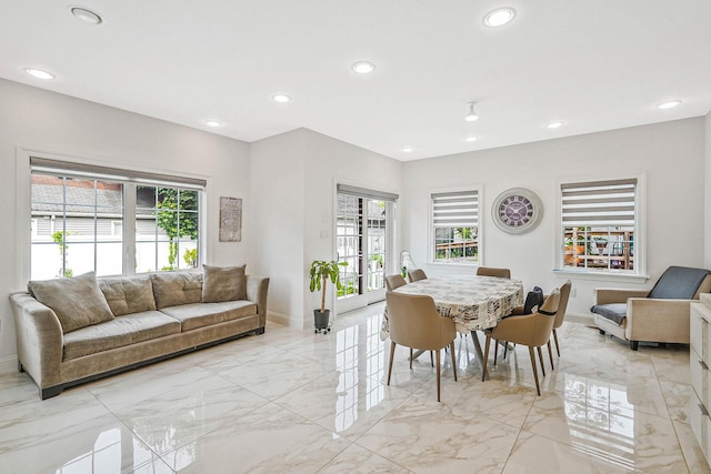 345 Washington Ave, Cedarhurst, NY 11516 - dining room featuring light marble finish floors, baseboards, and recessed lighting