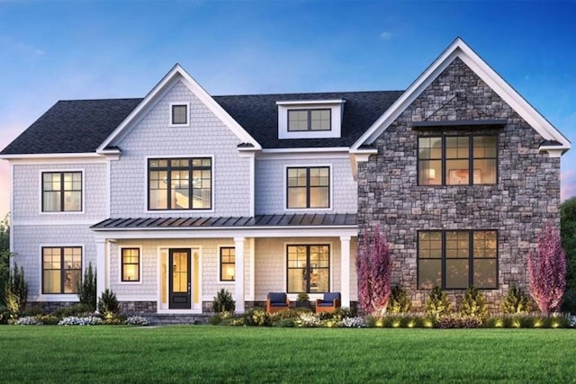 9 Sienna Ct, Dix Hills, NY 11746 - shingle-style home featuring a standing seam roof, stone siding, covered porch, and a front yard