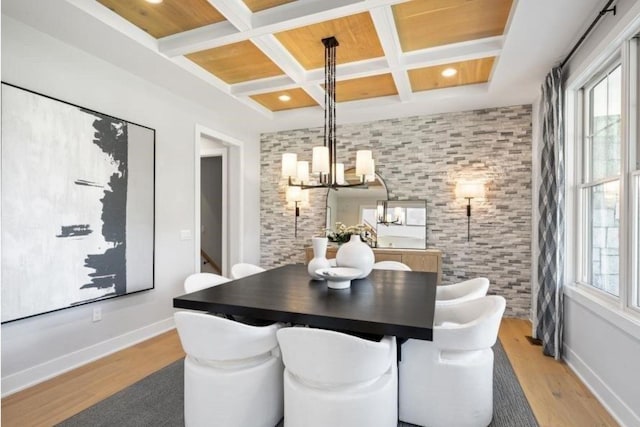 9 Sienna Ct, Dix Hills, NY 11746 - dining space with coffered ceiling, a chandelier, light wood-style floors, baseboards, and beamed ceiling
