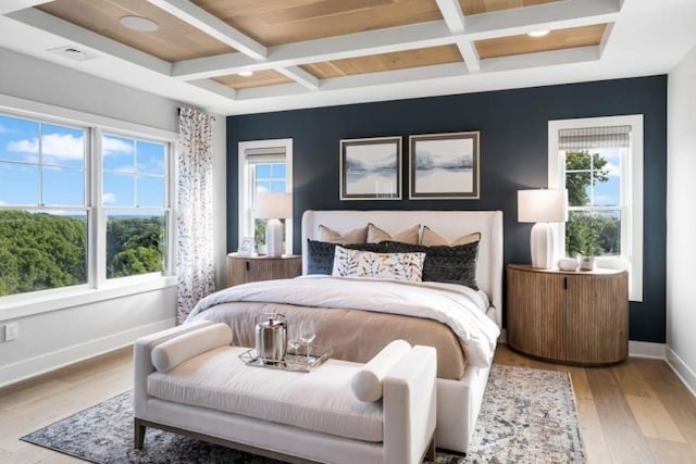 9 Sienna Ct, Dix Hills, NY 11746 - bedroom with coffered ceiling, baseboards, multiple windows, light wood-style flooring, and beam ceiling