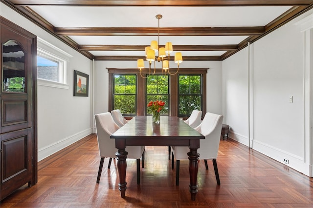 58 Garden St, Garden City, NY 11530 - dining area with a chandelier and beamed ceiling