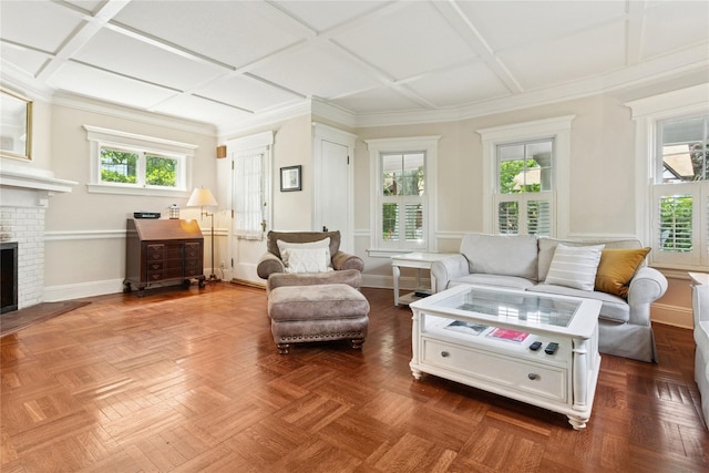 58 Garden St, Garden City, NY 11530 - living room with coffered ceiling, a brick fireplace, and ornamental molding