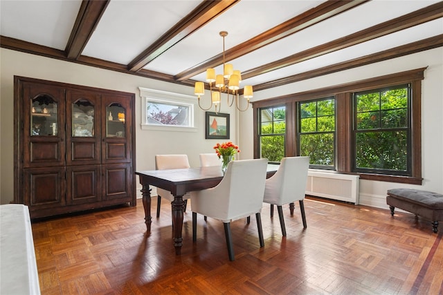 58 Garden St, Garden City, NY 11530 - dining space featuring a chandelier, beam ceiling, and radiator heating unit