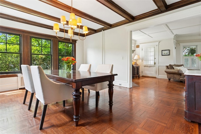 58 Garden St, Garden City, NY 11530 - dining space with a chandelier and beamed ceiling